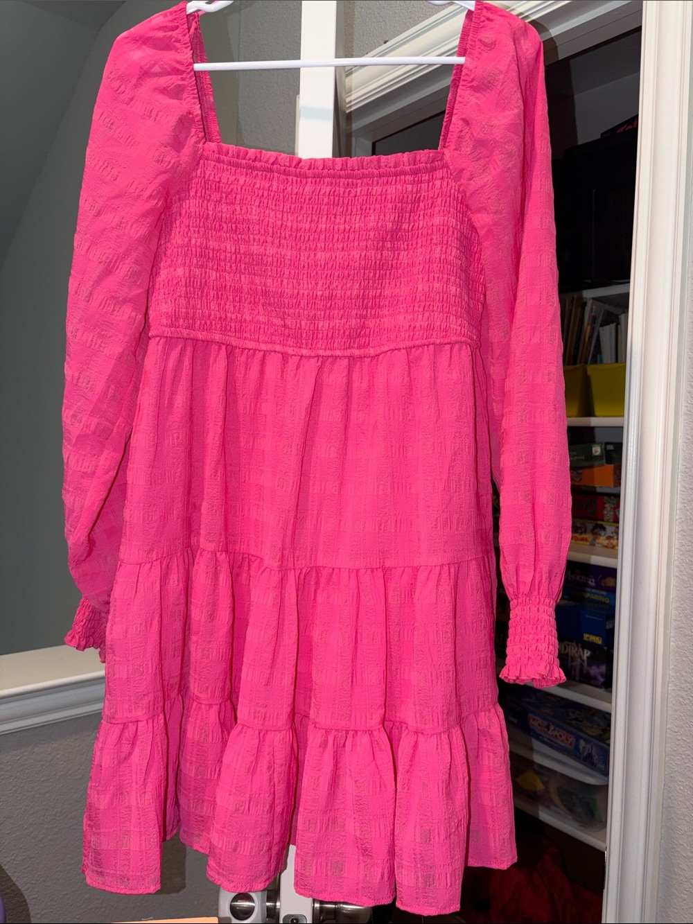 Pink Smocked Square-Neck Tiered Casual Dress